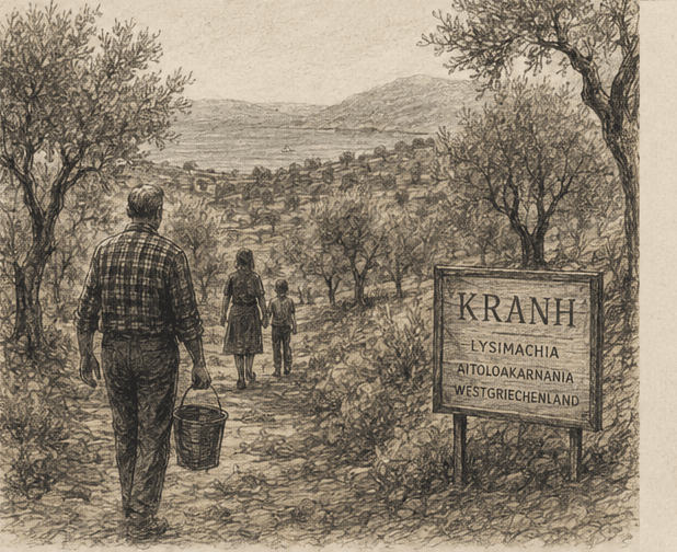 Illustration: die Familie am KRANH-Schild, Lysimachia, Aitoloakarnania