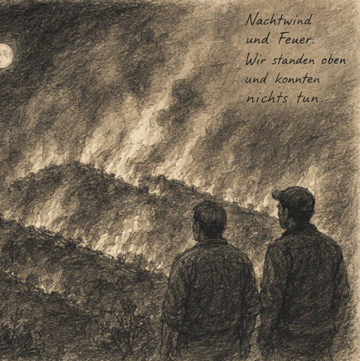 Illustration: die Brandnacht — die Söhne standen oben und konnten nichts tun