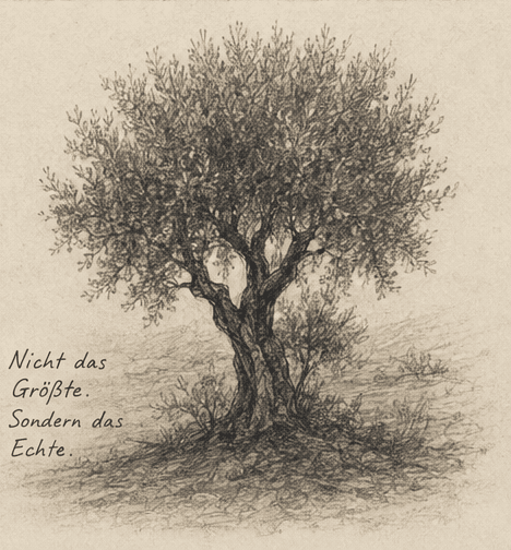 Illustration: ein einzelner Olivenbaum — nicht das Größte, sondern das Echte